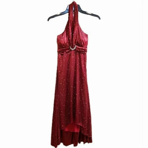 My Michelle Red and Silver Sparkle Satin Cocktail Formal Halter Hi-Lo Dress